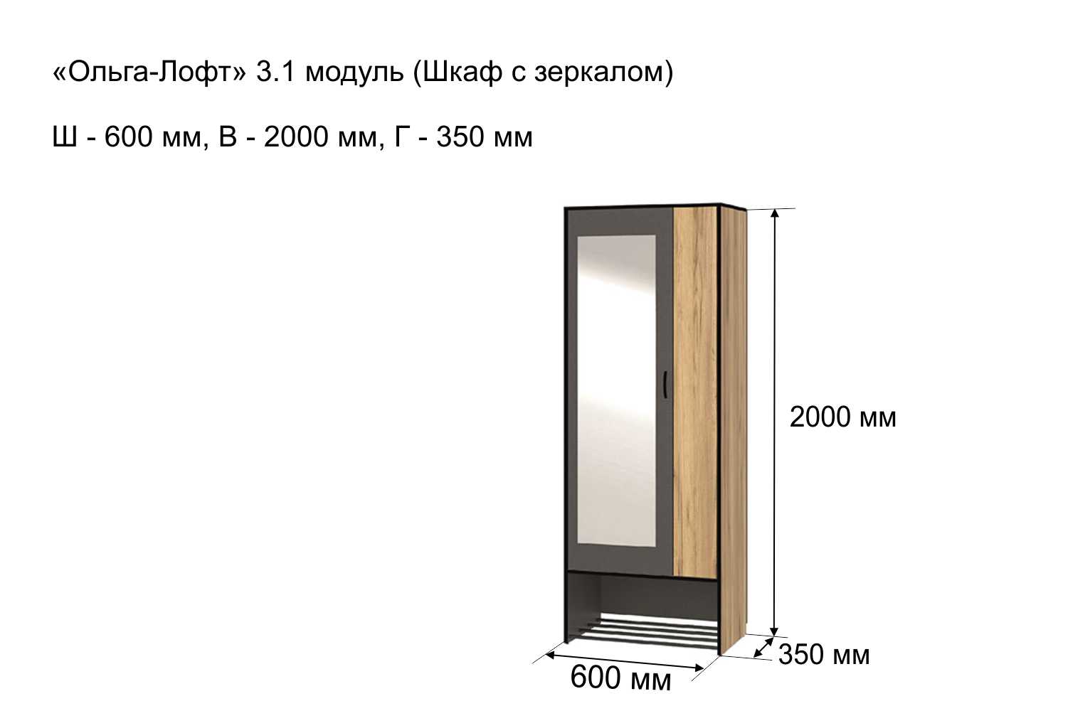 Шкаф 2-створчатый Ольга Лофт 3.1 с зеркалом