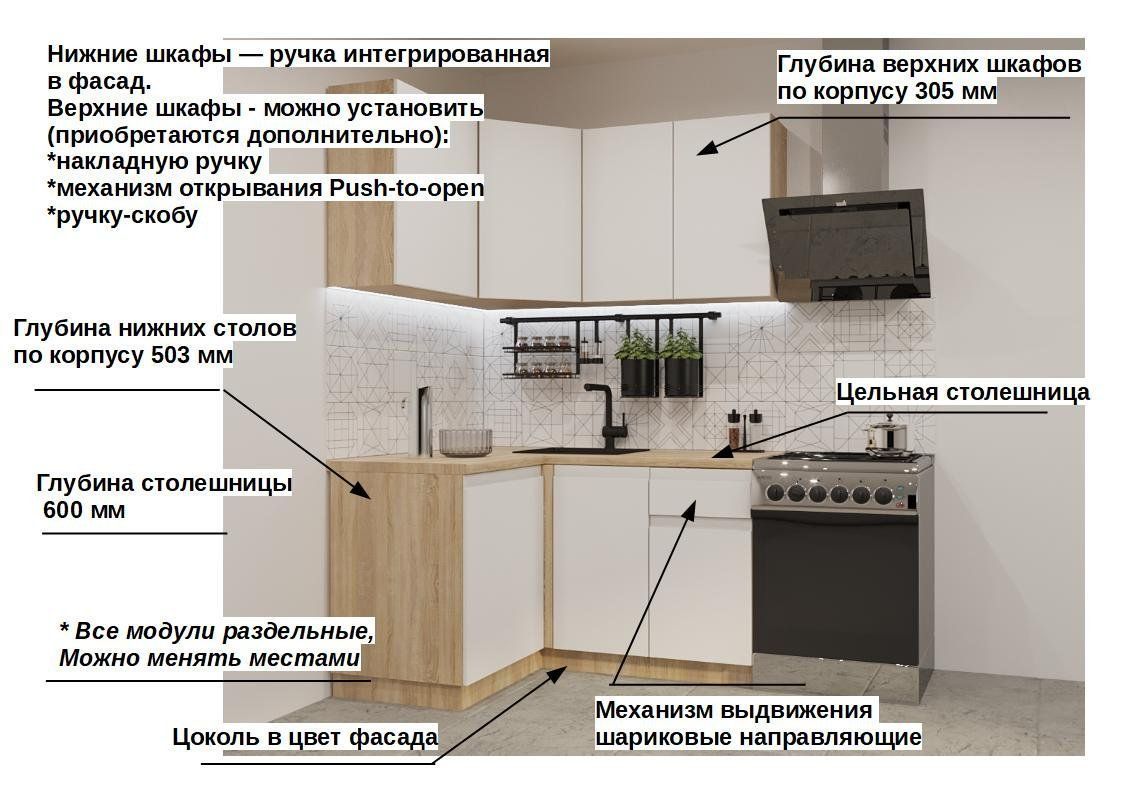 Кухонный гарнитур без ручек Тальк Лайн 1200х1400 (арт.1)