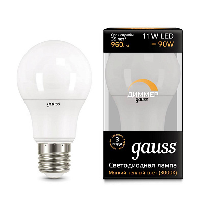Лампа Gauss A60 11W 960lm 3000К E27 диммируемая LED 1/10/50